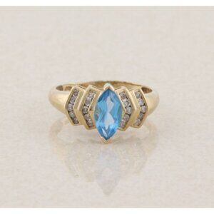10k Yellow Gold Natural Swiss Blue Topaz & Diamond Ring Size 8 1/4